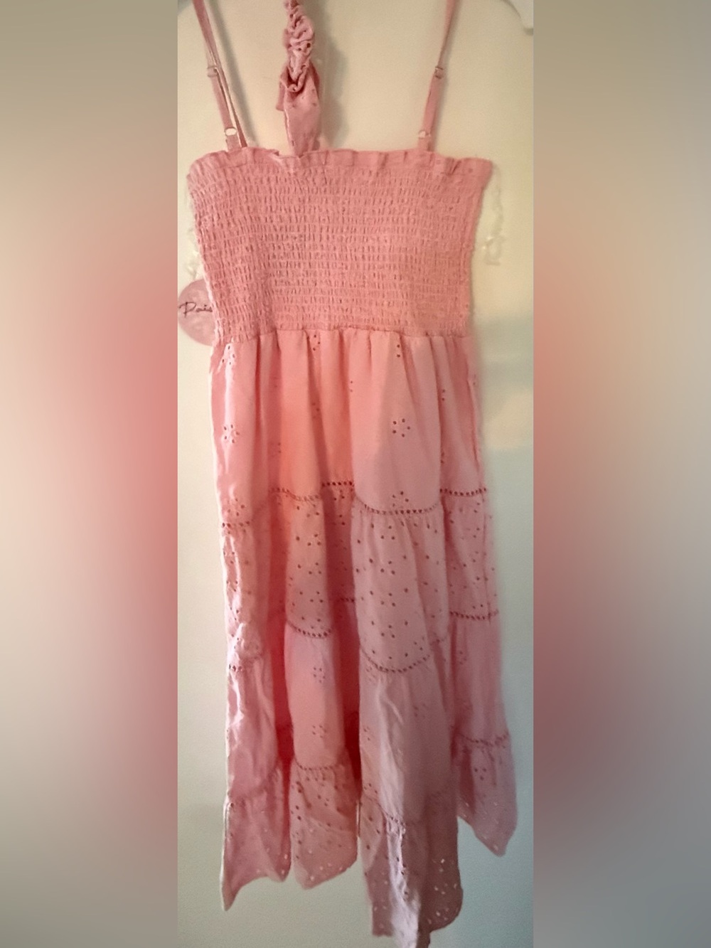 Girls' Pink Tiered Eyelet Sundress with Smocked Bodice